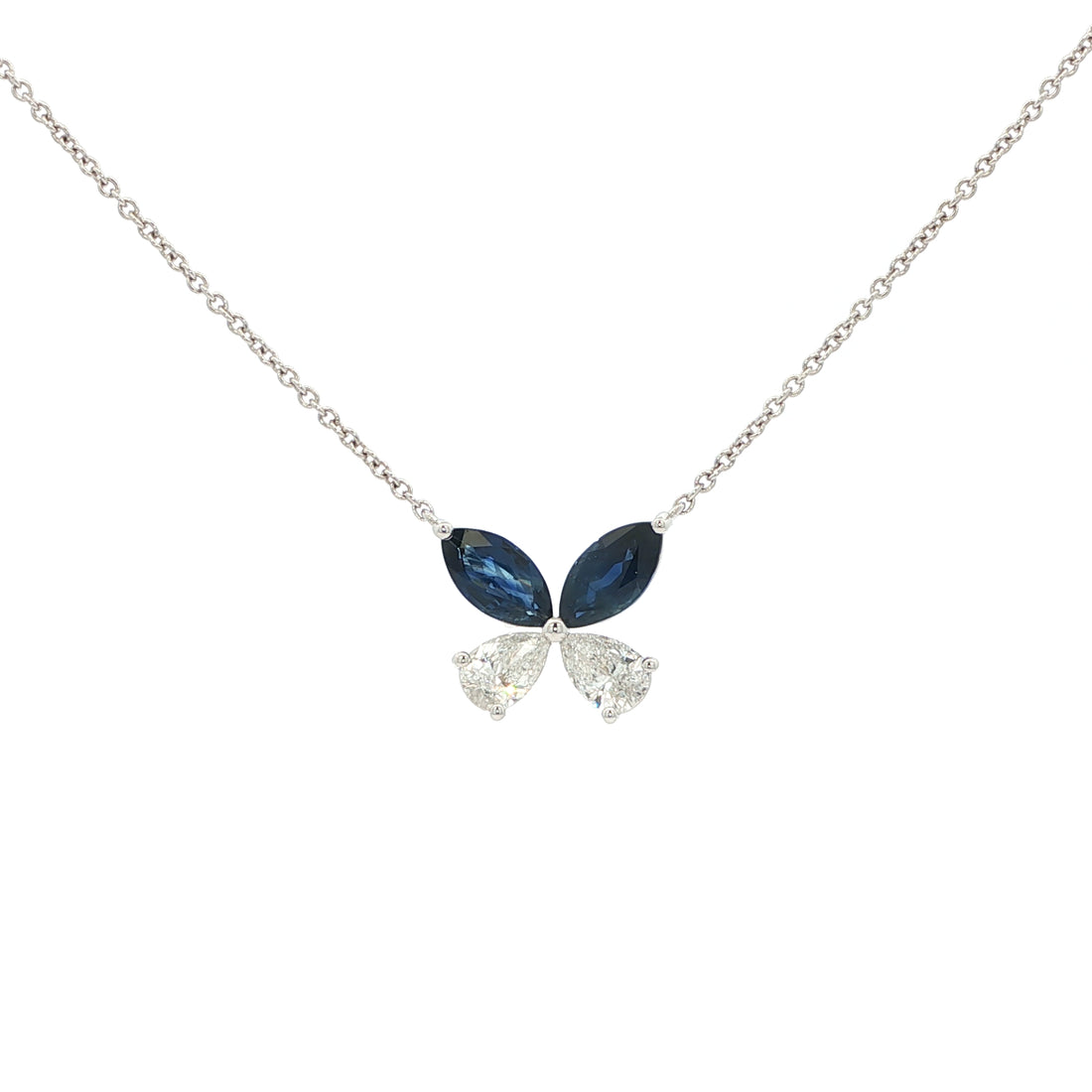 Lab-grown marquise pear diamond butterfly shape in 14k white gold, duo-tone with sapphire