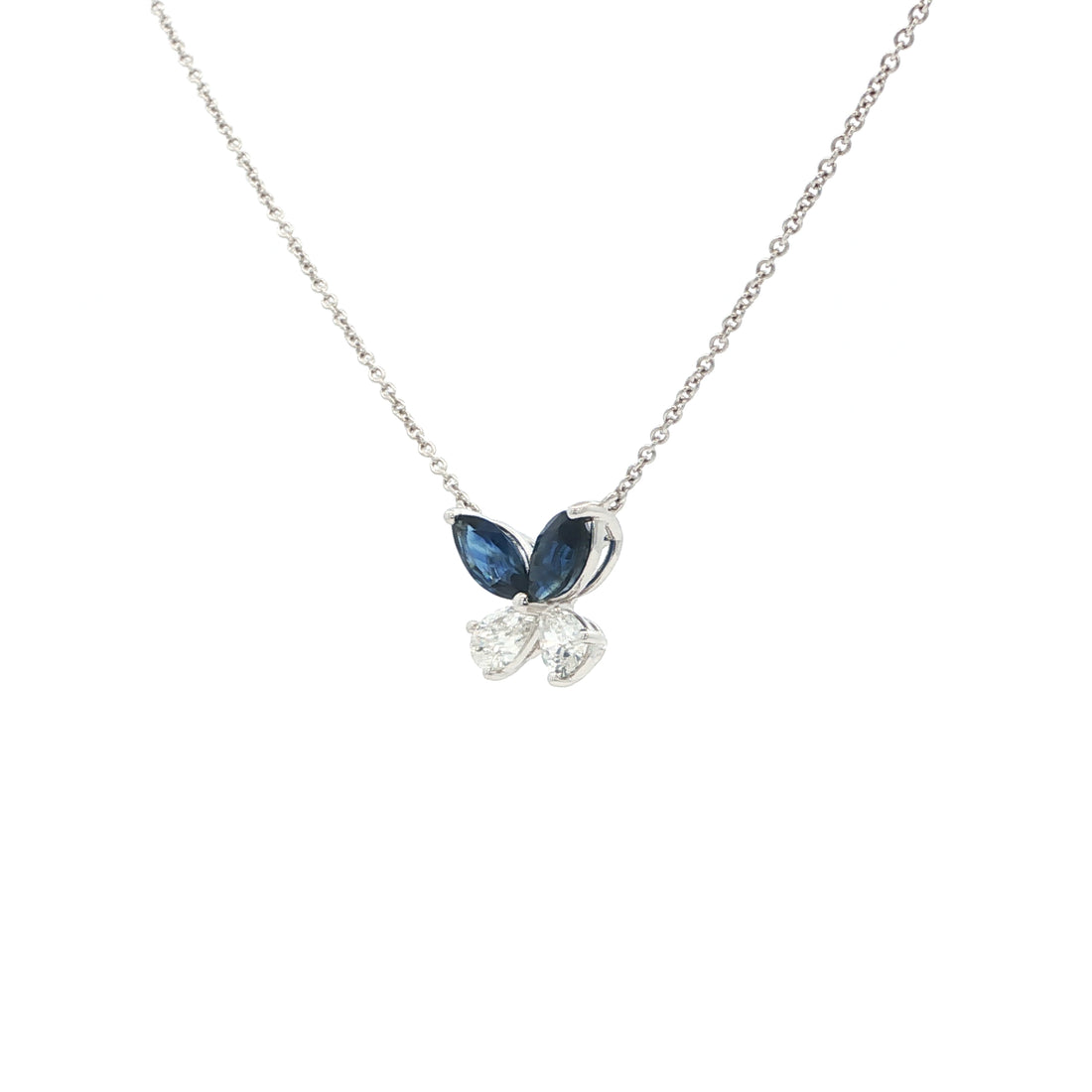 Lab-grown marquise pear diamond butterfly shape in 14k white gold, duo-tone with sapphire