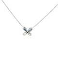 Lab-grown marquise pear diamond pendant necklace in 14k white gold, butterfly shape, duo-tone with sapphire