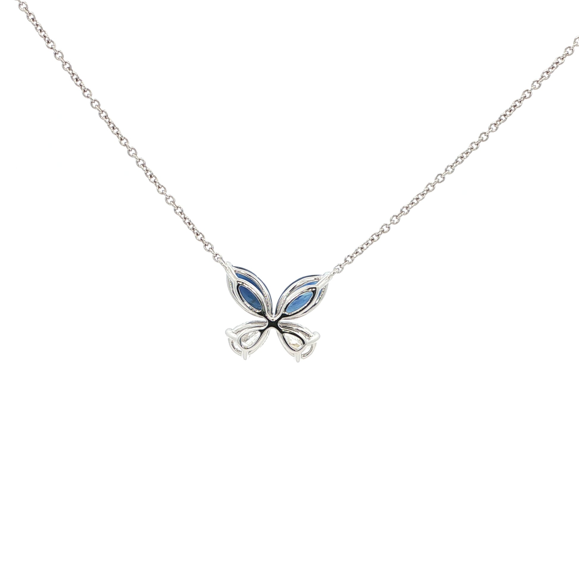 Lab-grown marquise pear diamond pendant necklace in 14k white gold, butterfly shape, duo-tone with sapphire