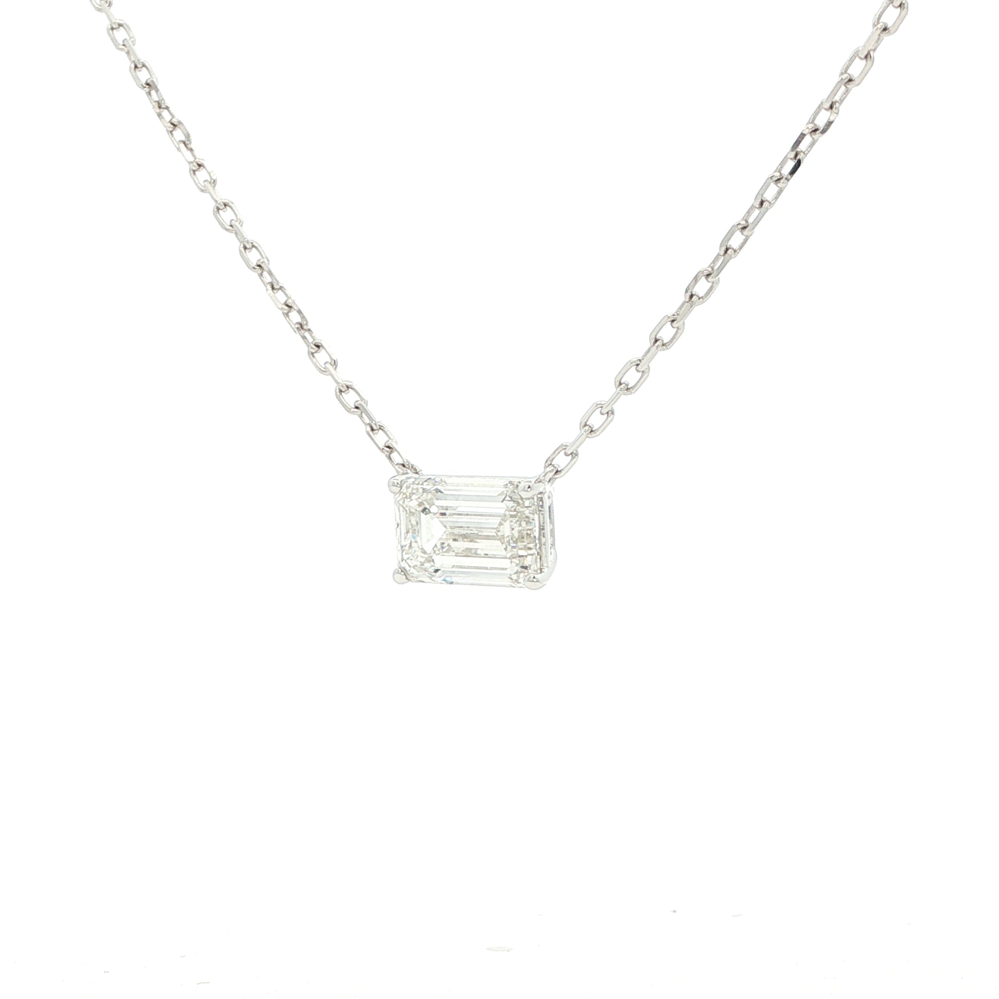 Lab-grown emerald diamond pendant necklace in 18k white gold.