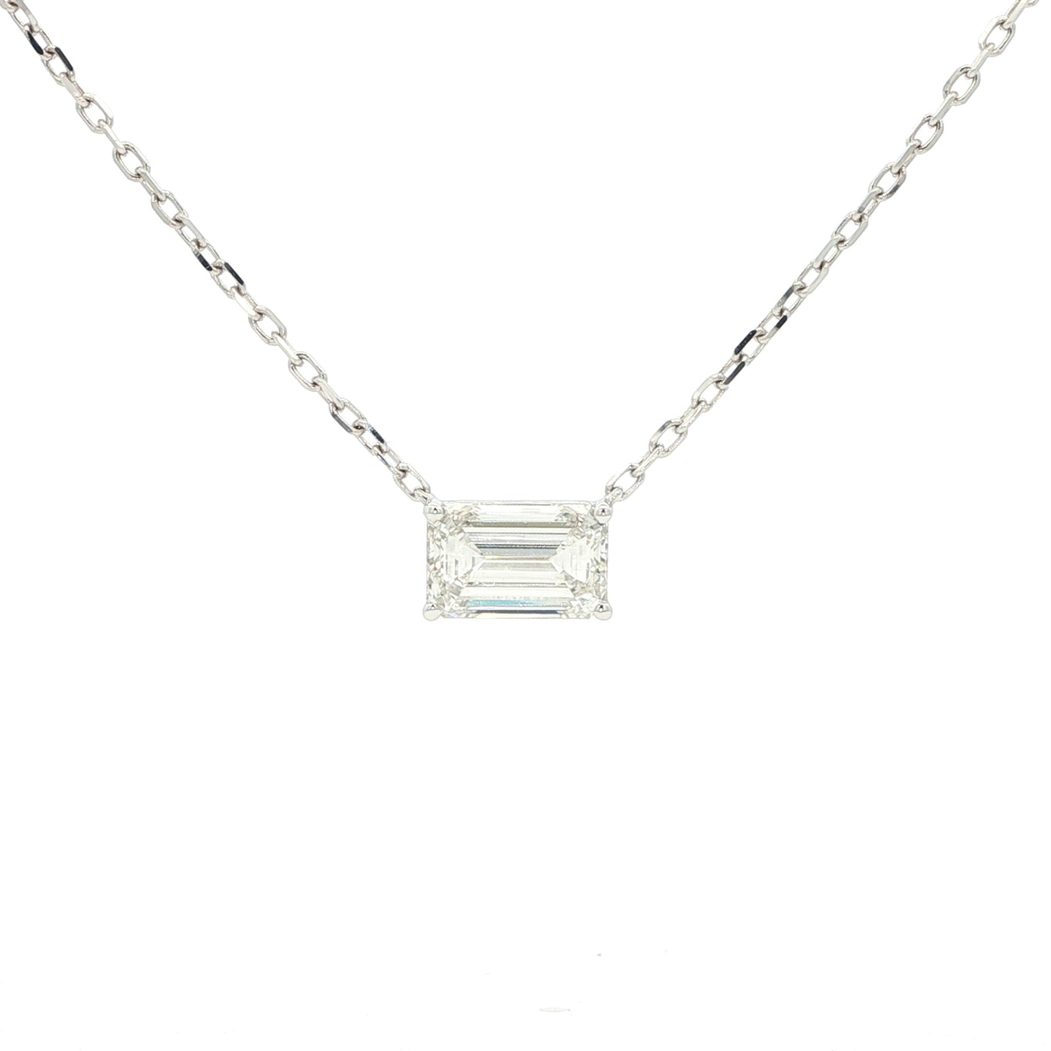 Lab-grown emerald diamond pendant necklace in 18k white gold.