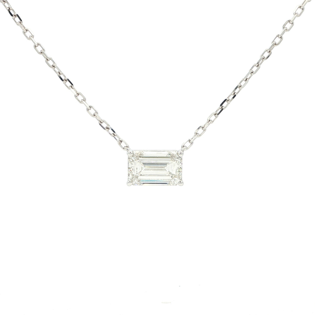 Lab-grown emerald diamond pendant necklace in 18k white gold.