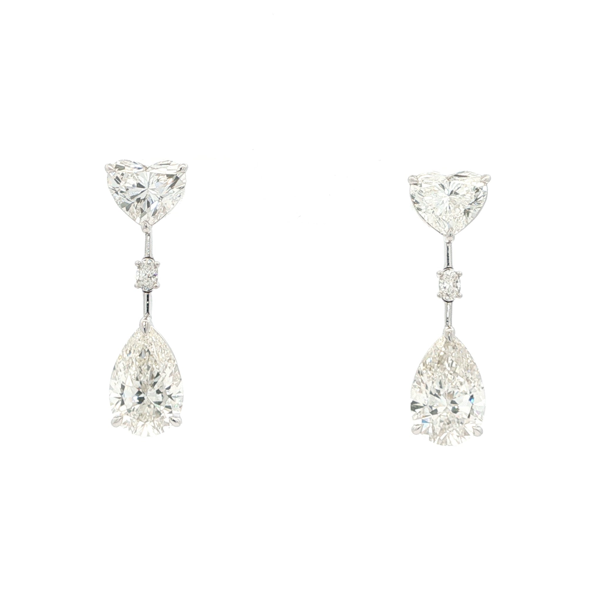 Lab grown fancy shape diamond drop earrings in 18k white gold, trinity shape (heart, pear, oval). 