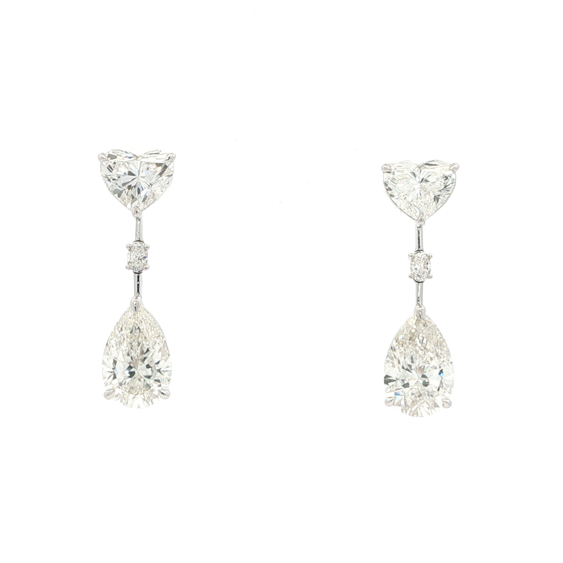 Lab grown fancy shape diamond drop earrings in 18k white gold, trinity shape (heart, pear, oval). 