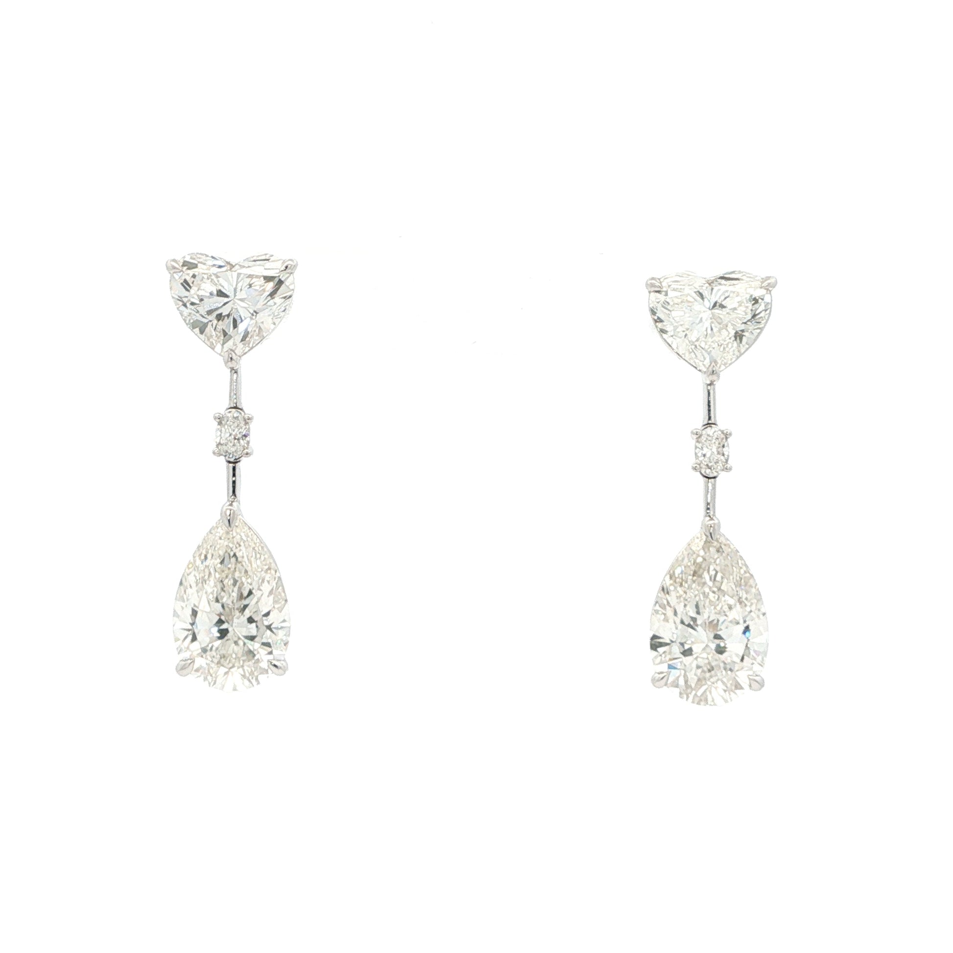 Lab grown fancy shape diamond drop earrings in 18k white gold, trinity shape (heart, pear, oval). 