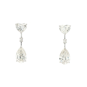 Lab grown fancy shape diamond drop earrings in 18k white gold, trinity shape (heart, pear, oval). 