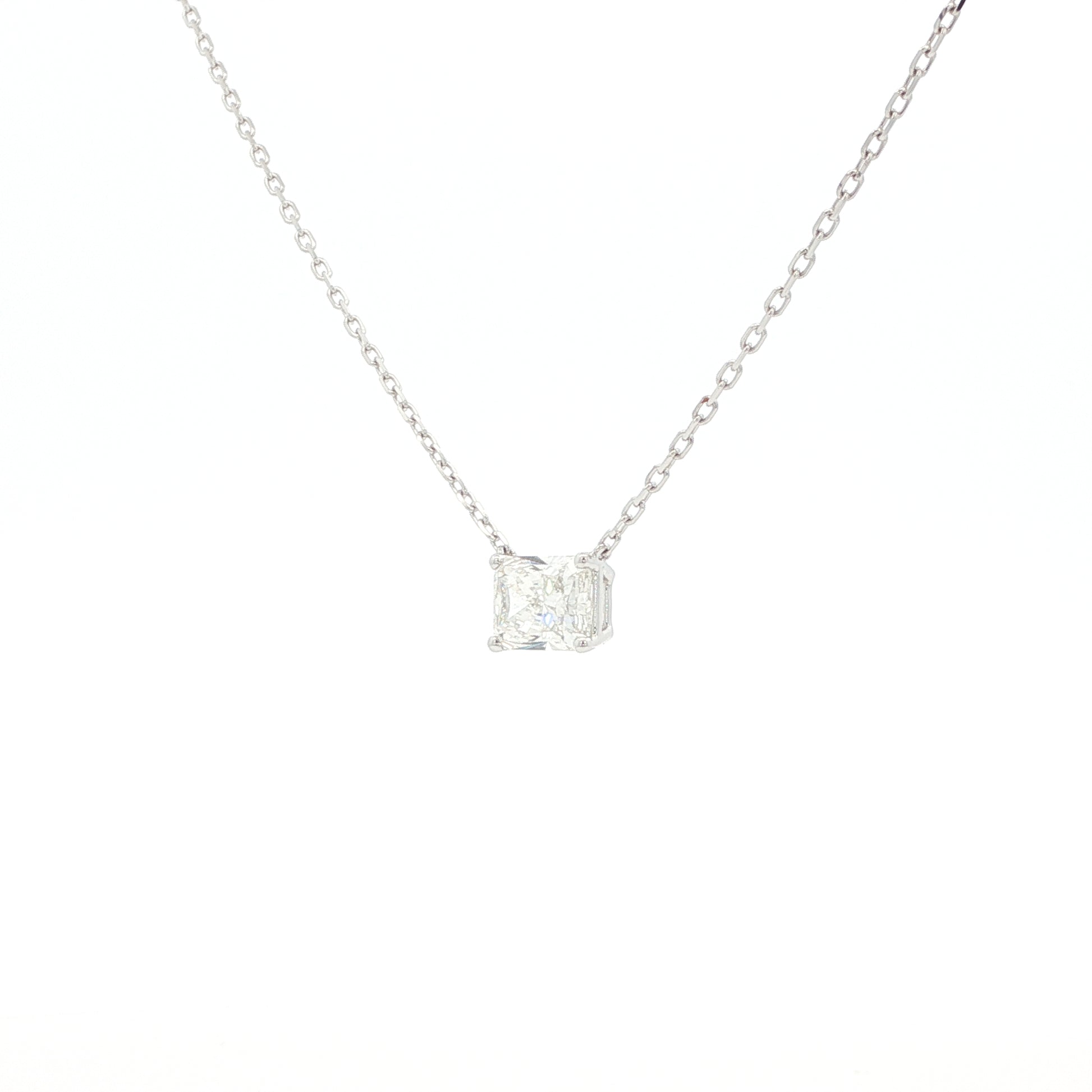 Lab grown radiant cut diamond pendant necklace in 18k white gold