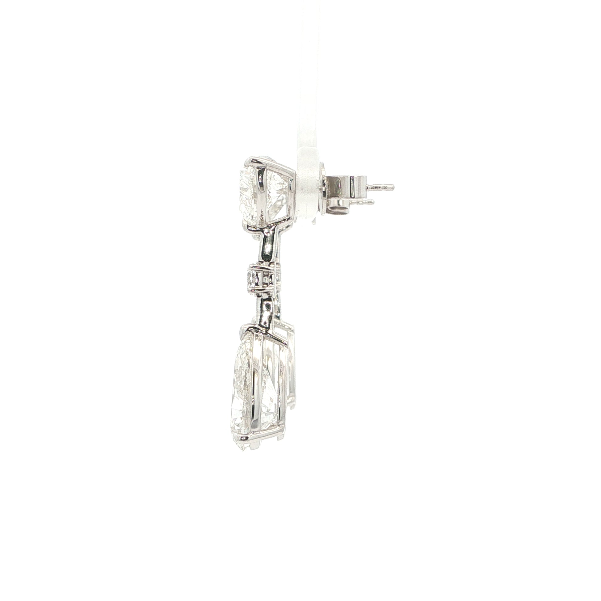 Lab grown fancy shape diamond drop earrings in 18k white gold, trinity shape (heart, pear, oval). 