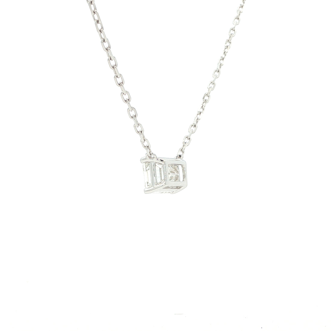 Lab-grown emerald diamond pendant necklace in 18k white gold.