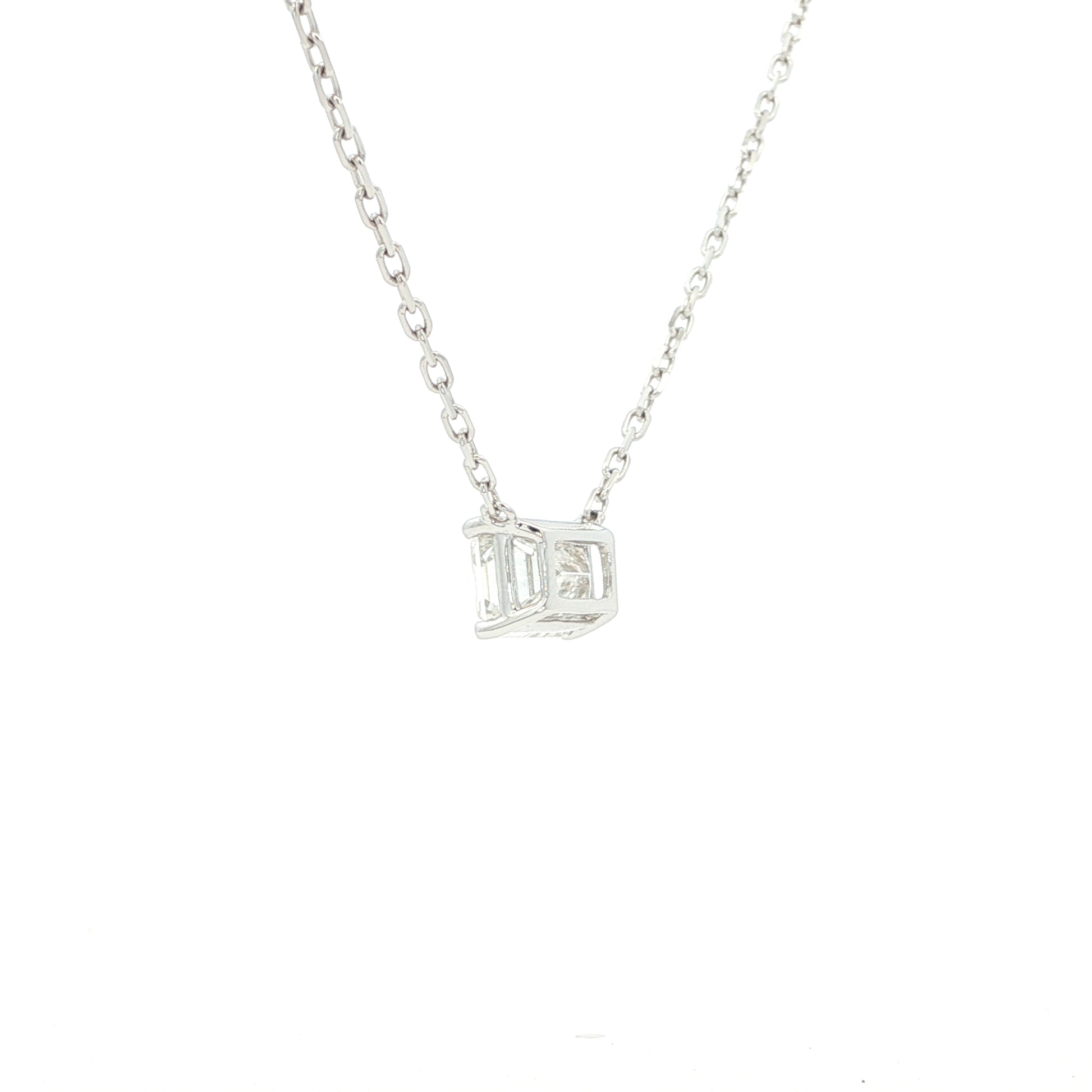 Lab-grown emerald diamond pendant necklace in 18k white gold.