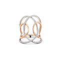 This 18K White Gold and Rose Gold ring features an elegant intertwined design adorned with pavé-set diamonds. Perfect for adding a touch of glamour and sophistication to any look!