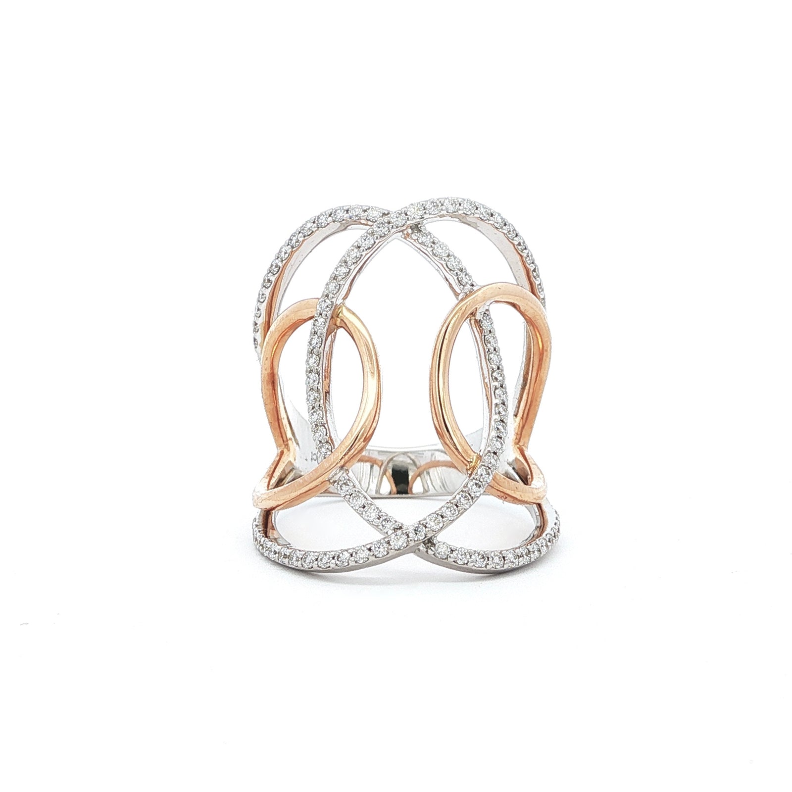 This 18K White Gold and Rose Gold ring features an elegant intertwined design adorned with pavé-set diamonds. Perfect for adding a touch of glamour and sophistication to any look!