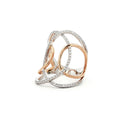 This 18K White Gold and Rose Gold ring features an elegant intertwined design adorned with pavé-set diamonds. Perfect for adding a touch of glamour and sophistication to any look!