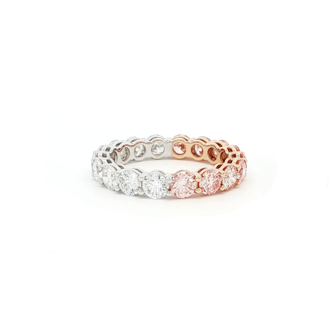 Luxury two-tone eternity band in 18K white and rose gold with round pink and white diamonds