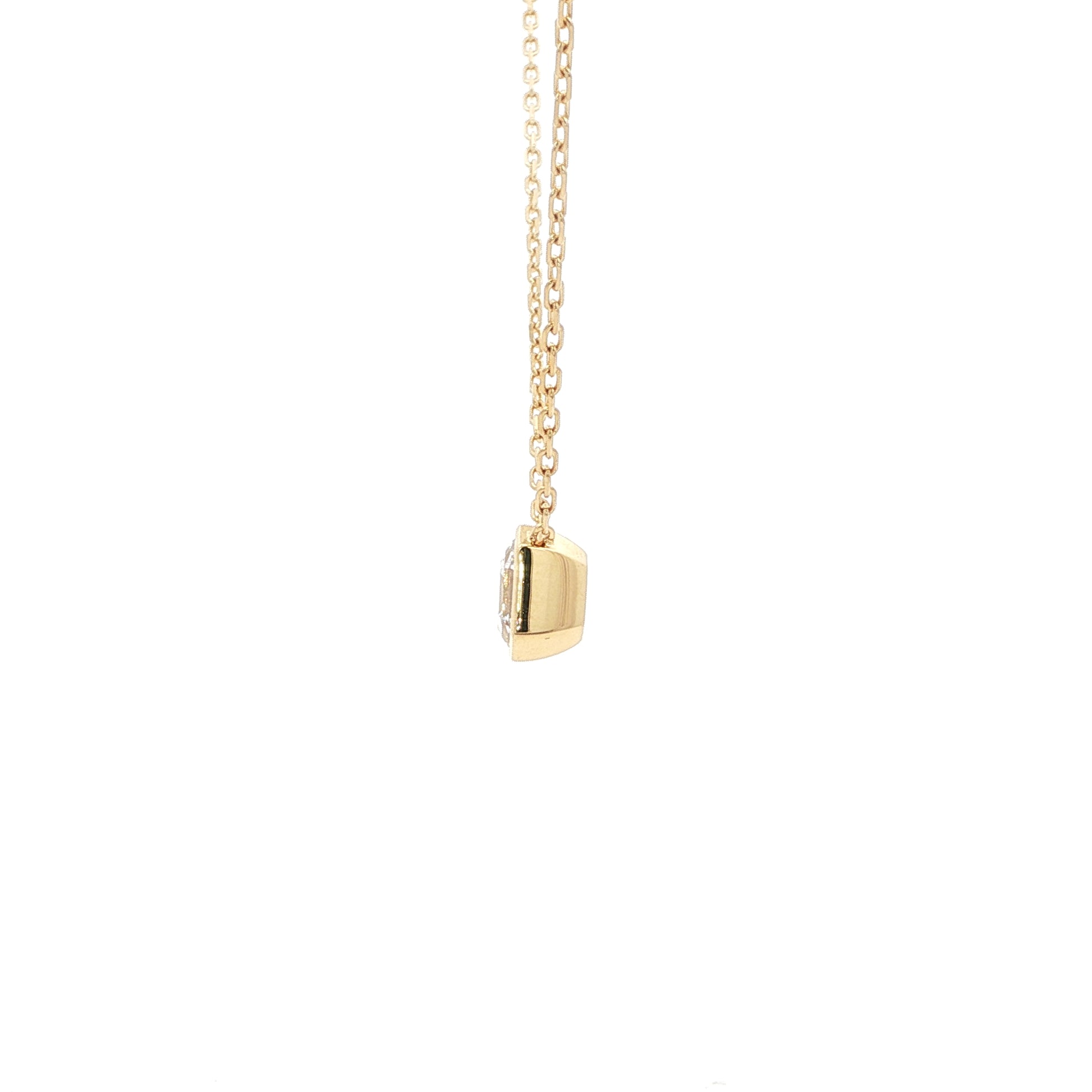 Lab-grown asscher diamond pendant necklace in 18k yellow gold, bezel set. 