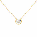 Lab-grown brilliant round diamond pendant necklace in 18k yellow gold, bezel set. 