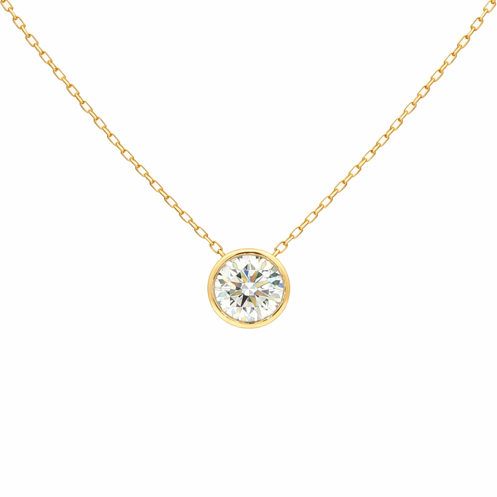Lab-grown brilliant round diamond pendant necklace in 18k yellow gold, bezel set. 