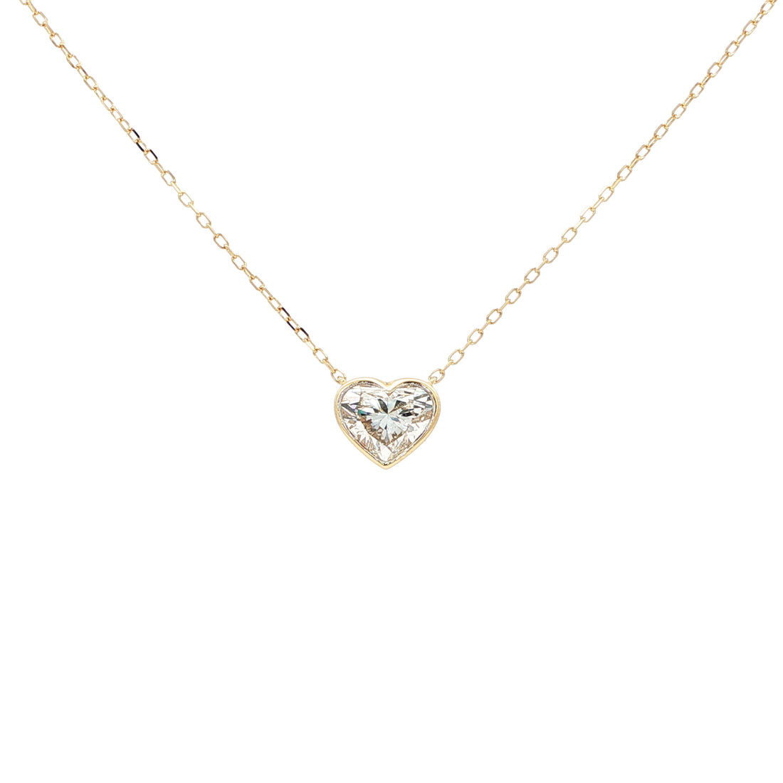 Lab-grown fancy heart diamond pendant necklace in 18k yellow gold, bezel set.