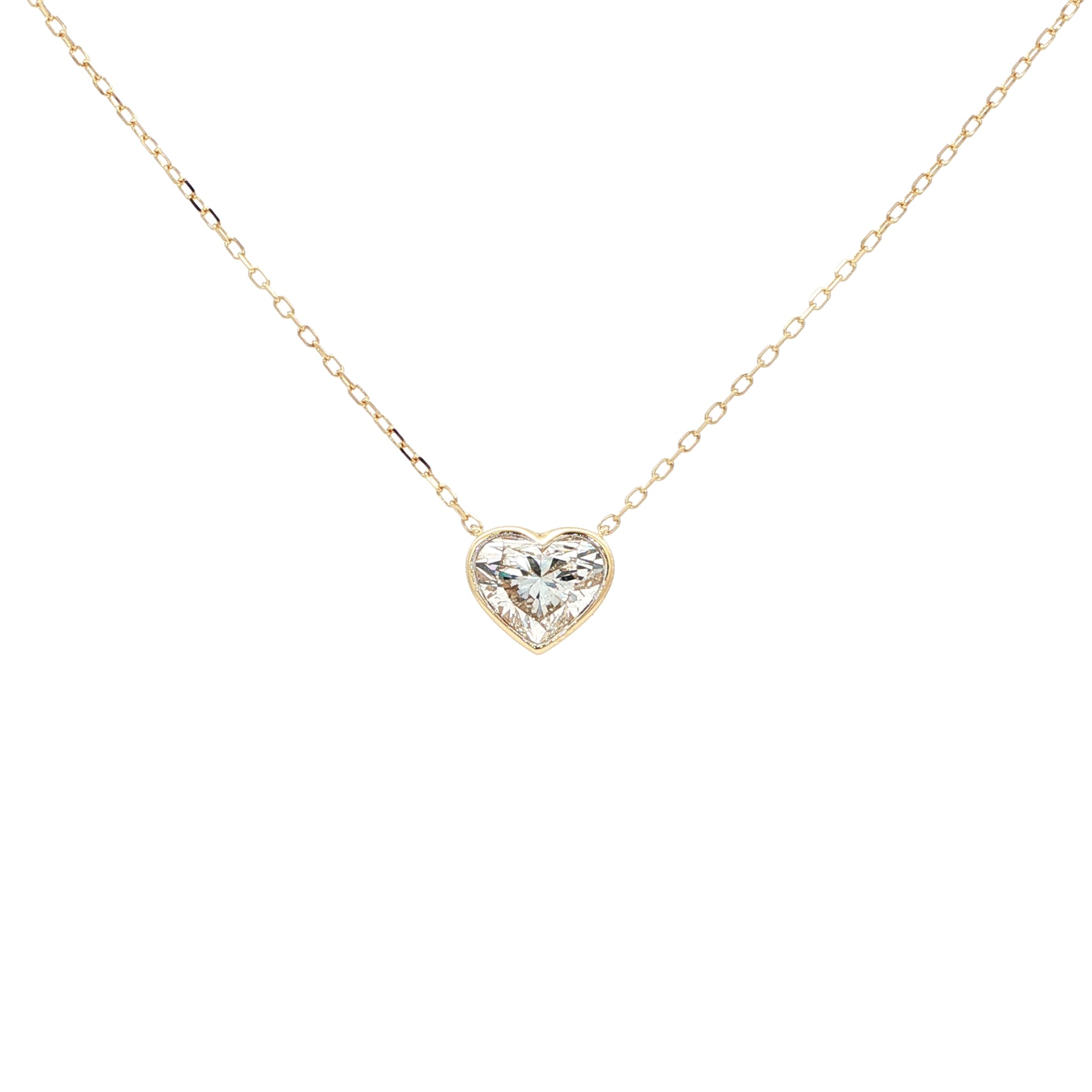 Lab-grown fancy heart diamond pendant necklace in 18k yellow gold, bezel set.