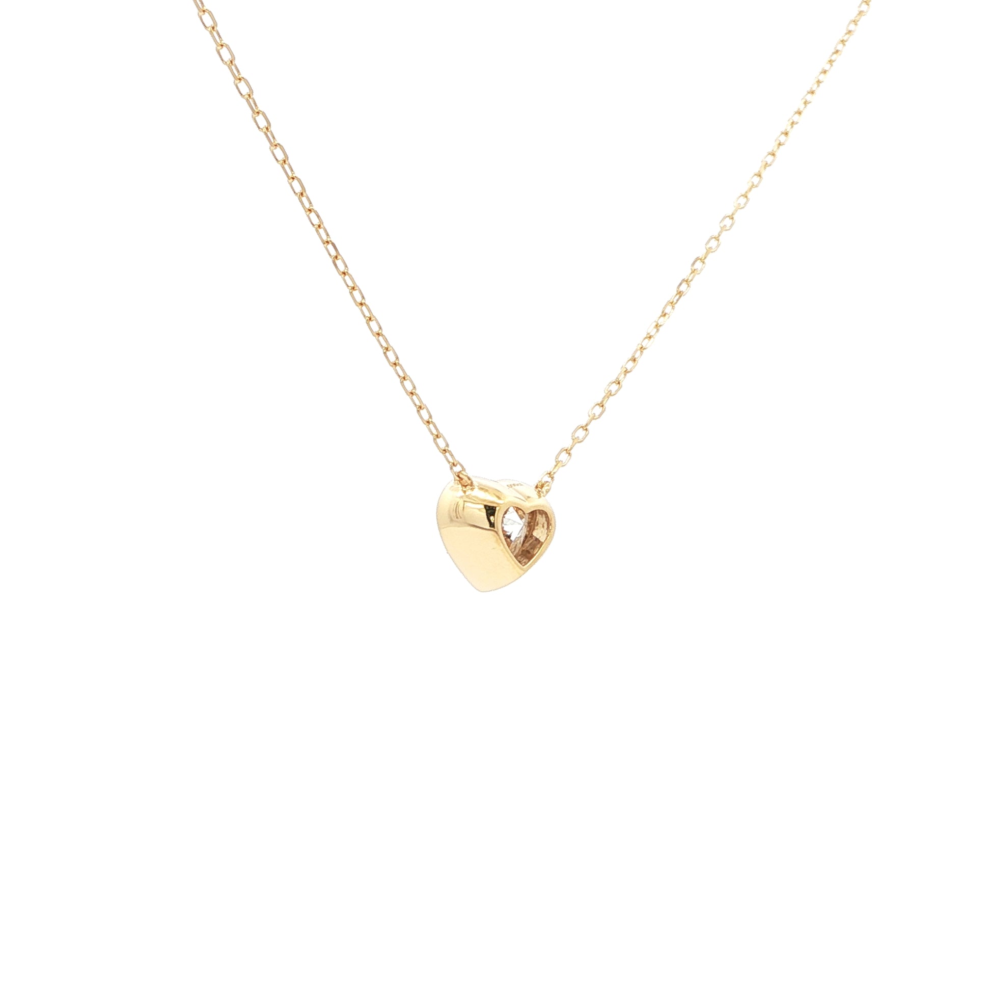 Lab-grown fancy heart diamond pendant necklace in 18k yellow gold, bezel set.