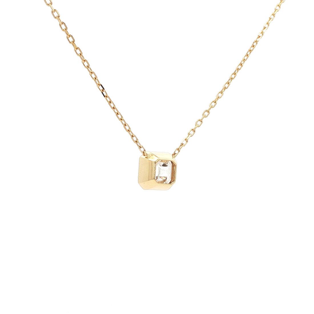 Lab-grown asscher diamond pendant necklace in 18k yellow gold, bezel set. 