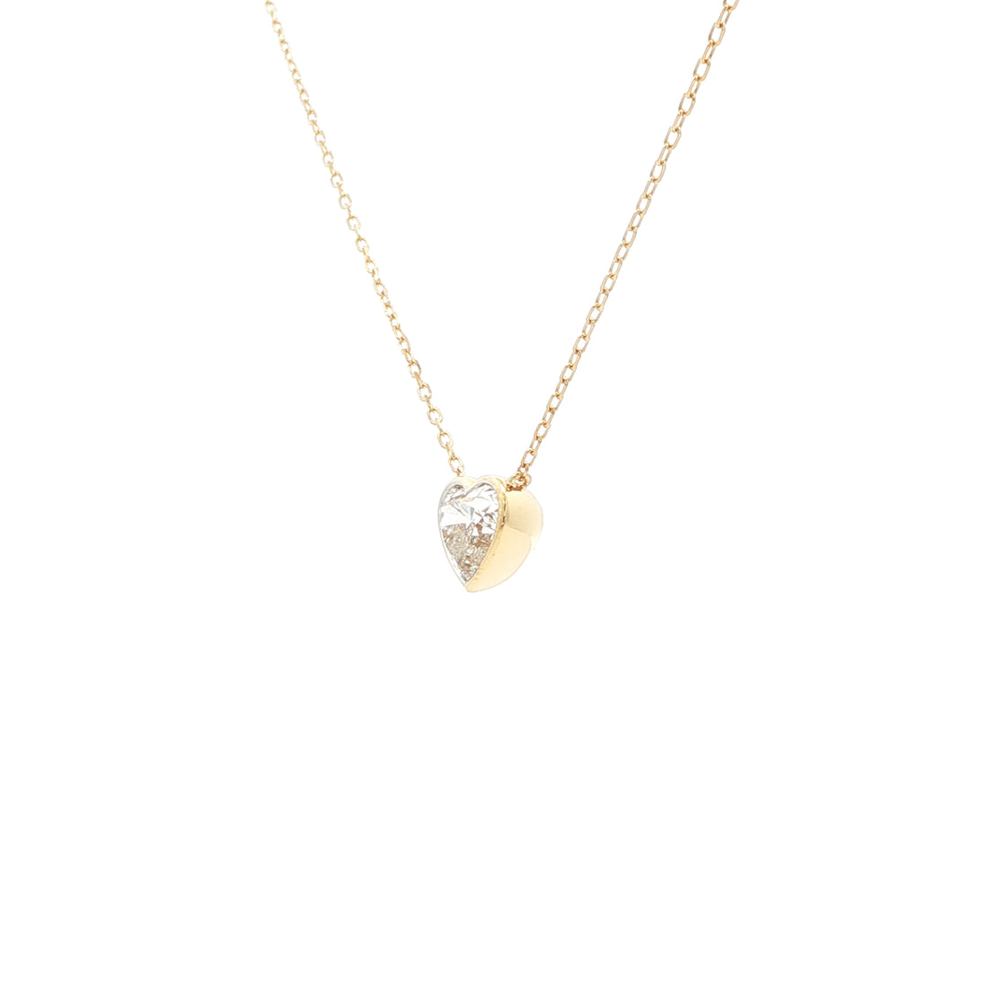 Lab-grown fancy heart diamond pendant necklace in 18k yellow gold, bezel set.