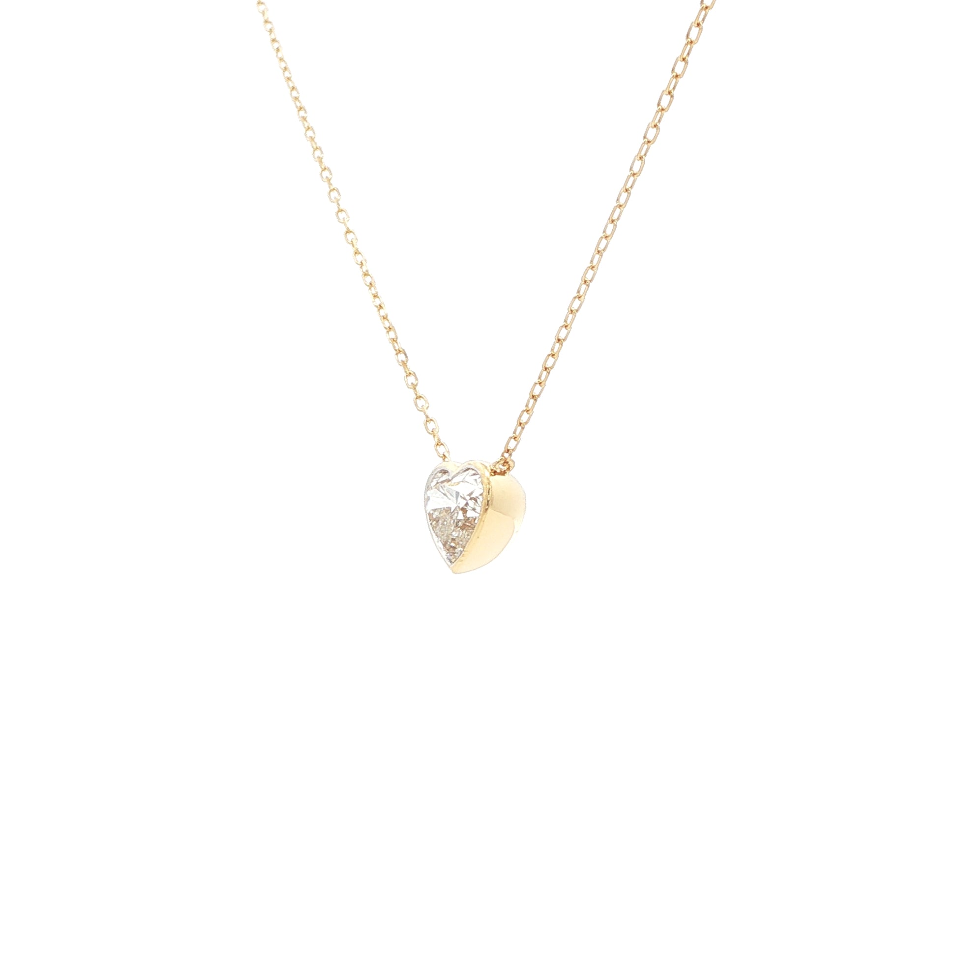 Lab-grown fancy heart diamond pendant necklace in 18k yellow gold, bezel set.