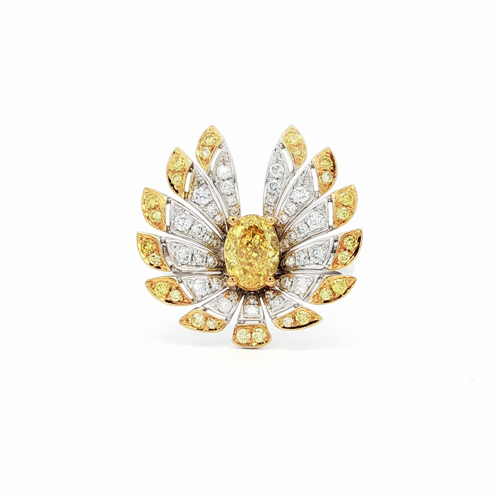 This 18K Yellow Gold ring exudes luxury, showcasing a yellow oval-cut diamond centre with a delicate floral-inspired halo adorned with white and yellow diamonds. The meticulous craftsmanship makes it a standout piece, perfect for adding a touch of glamor to your look!
