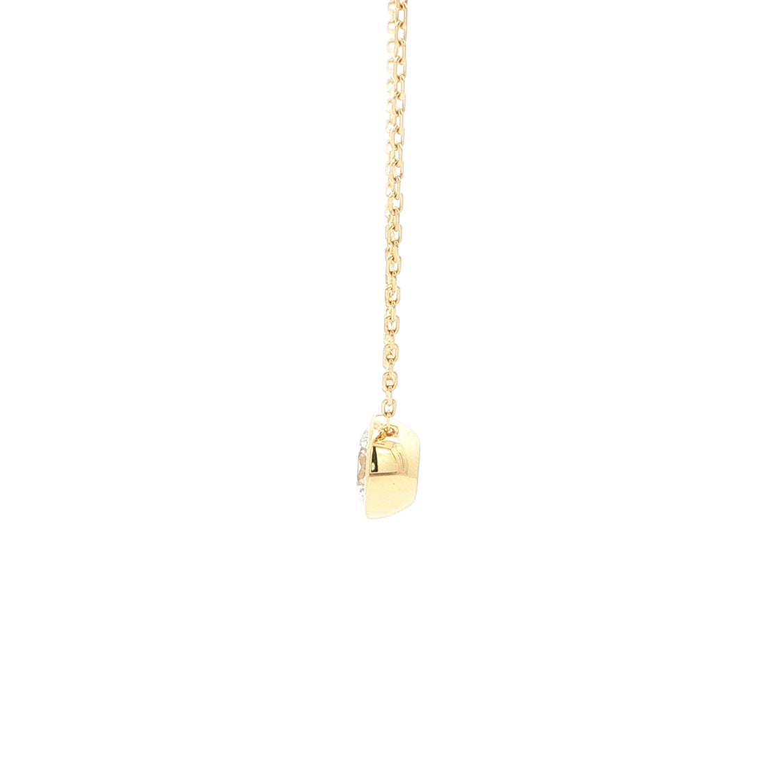 Lab-grown brilliant round diamond pendant necklace in 18k yellow gold, bezel set. 