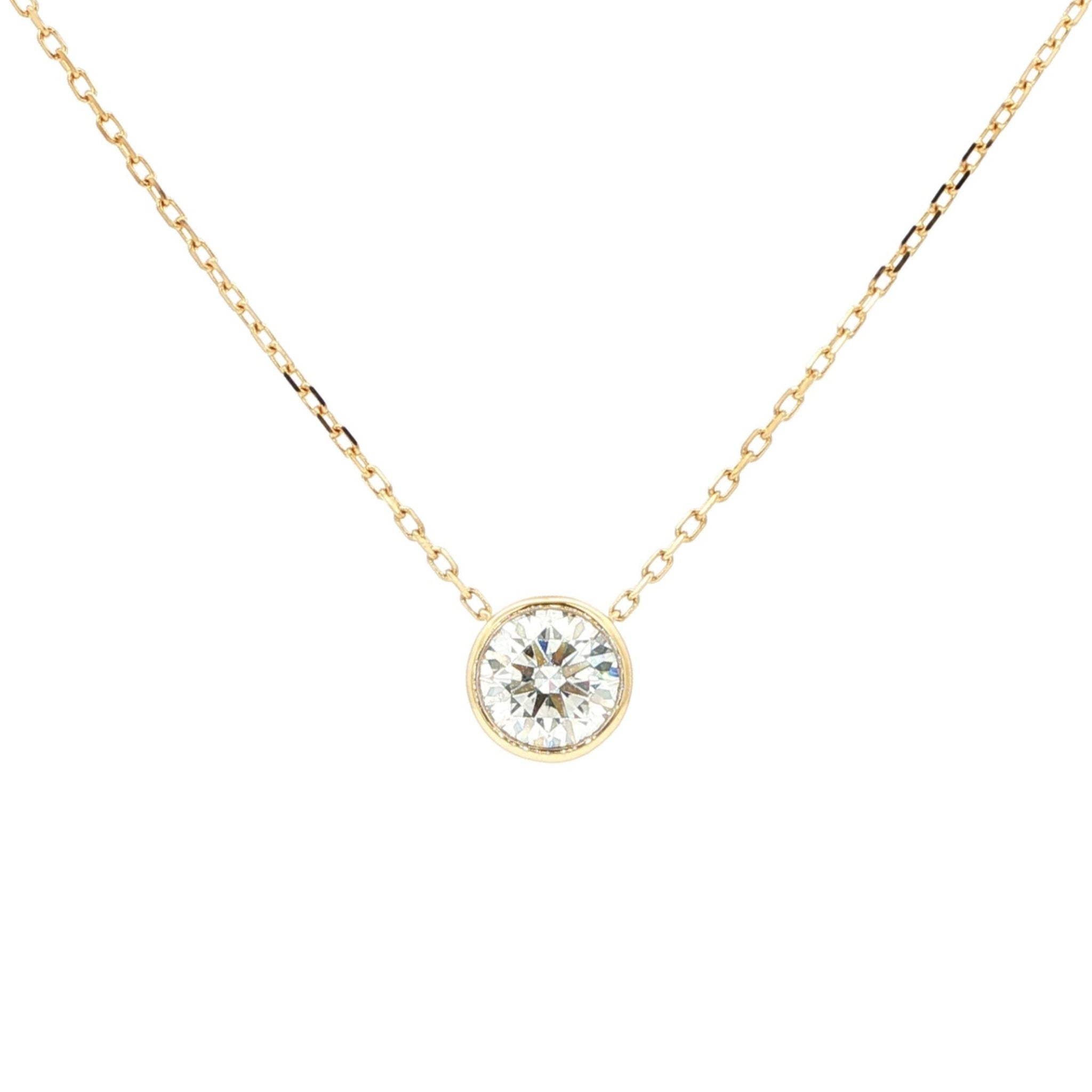 Lab-grown brilliant round diamond pendant necklace in 18k yellow gold, bezel set. 