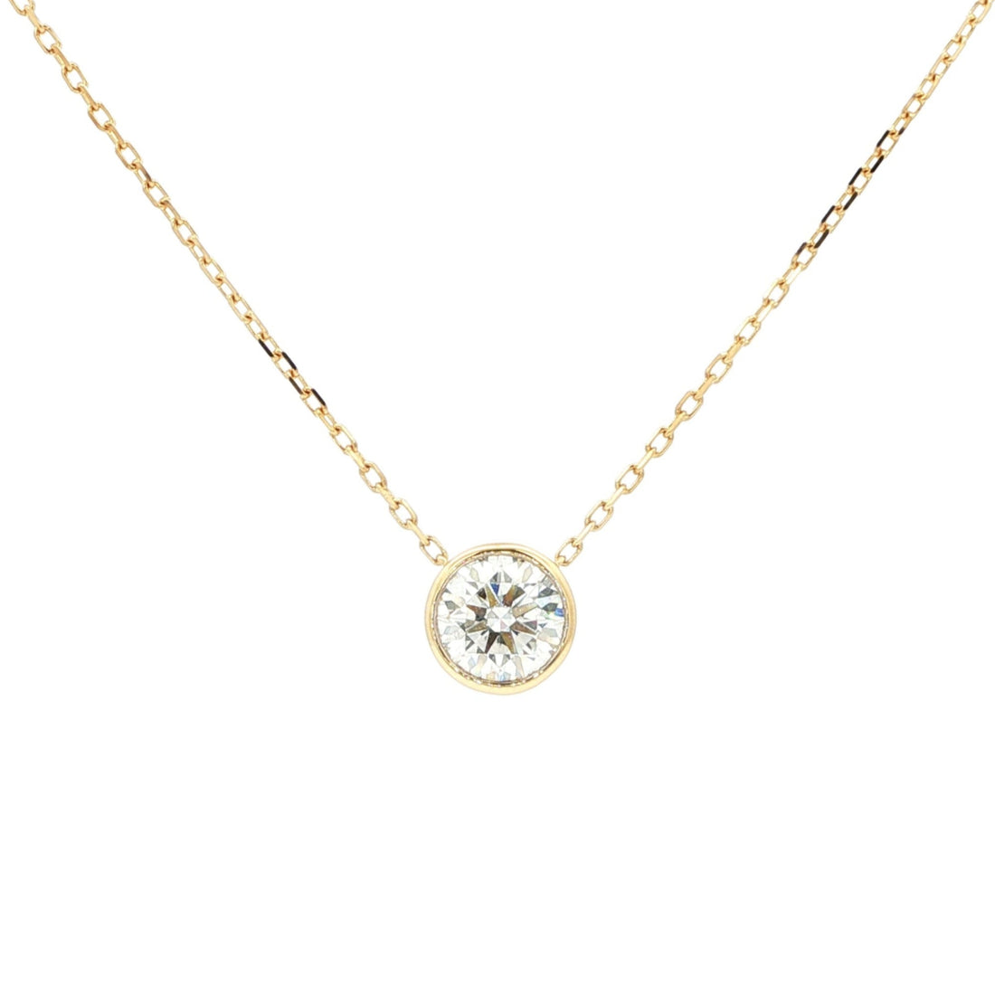Lab-grown brilliant round diamond pendant necklace in 18k yellow gold, bezel set. 
