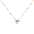 Lab-grown brilliant round diamond pendant necklace in 18k yellow gold, bezel set. 