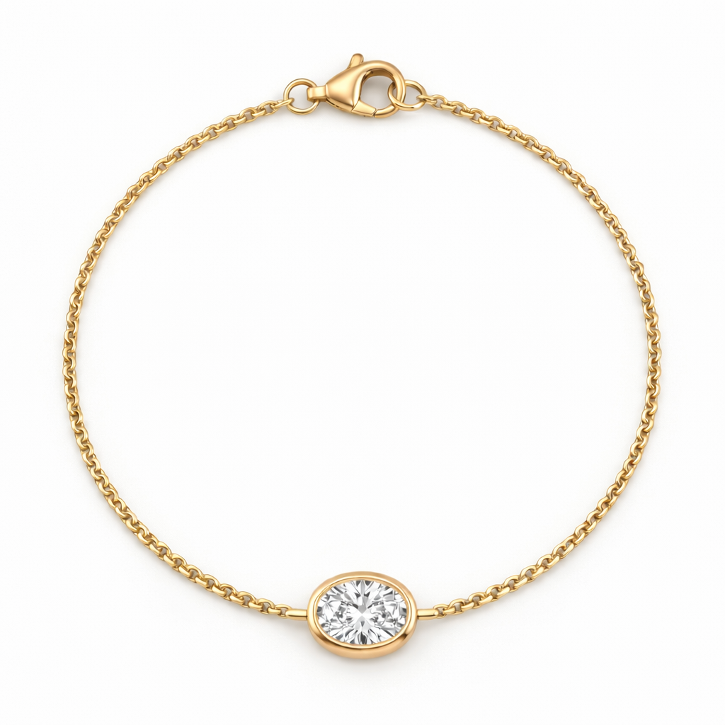 Oval Bezel Lab Grown Diamond Chain Bracelet with Yellow Gold by By Angi, lab-grown diamond jeweller in Tsim Sha Tsui Hong Kong | TST HK Fine Jewellery
By Angi 尖沙咀人造鑽石珠寶 - Oval Bezel Lab Grown Diamond Chain Bracelet 橢圓形包邊實驗室培育鑽石鏈手鍊黃金 | 香港TST人造鑽石lab diamond首飾 求婚戒指