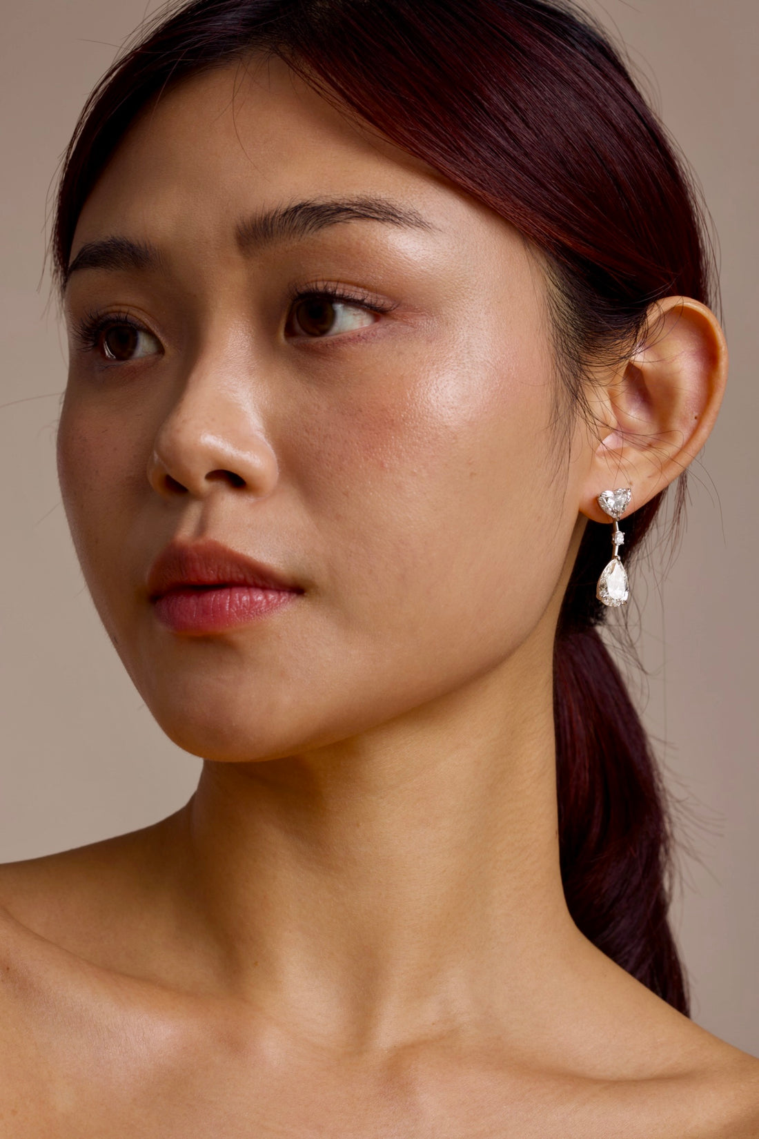 Lab grown fancy shape diamond drop earrings in 18k white gold, trinity shape (heart, pear, oval). 