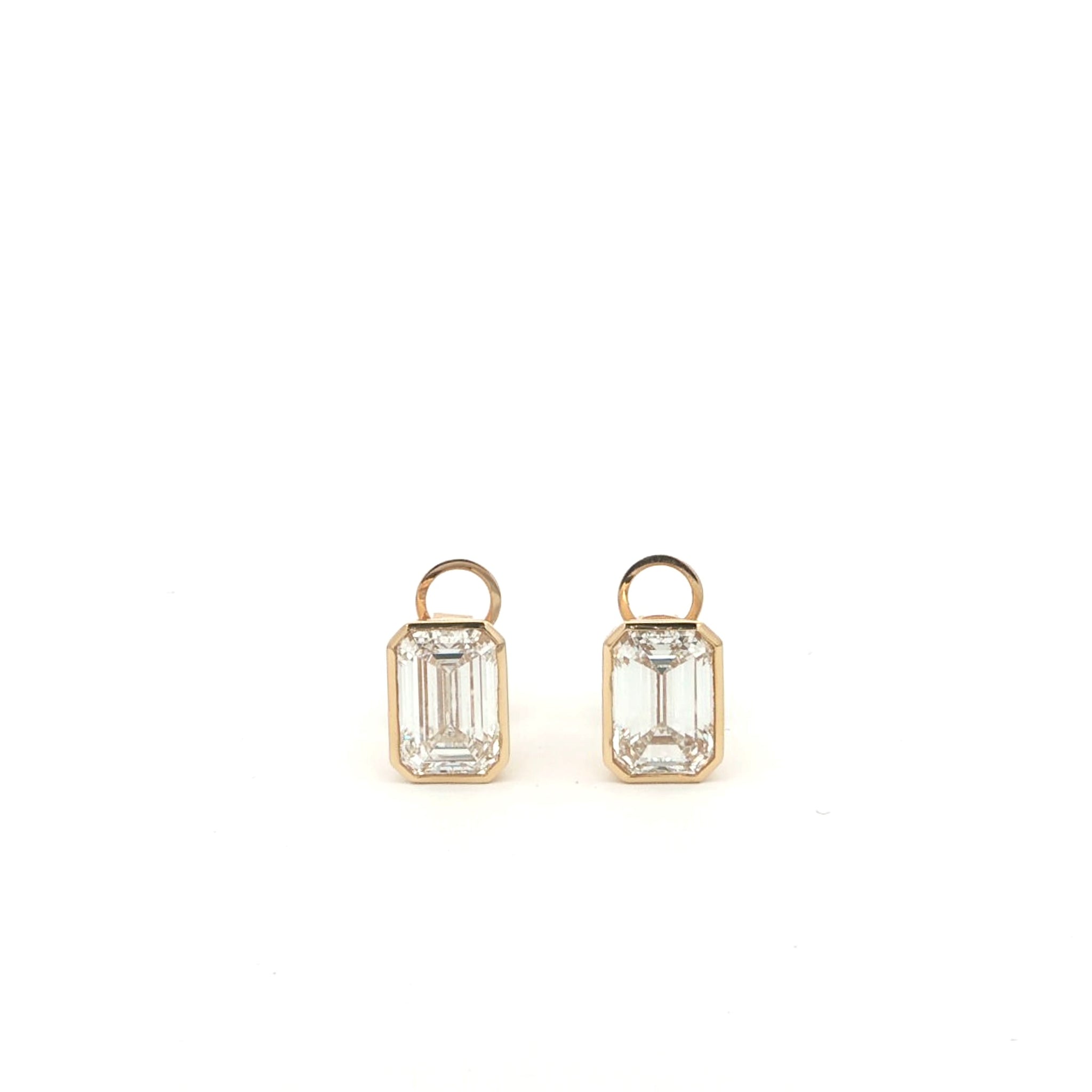 Emerald lab-grown diamond stud earrings in bezel set, 18K yellow gold