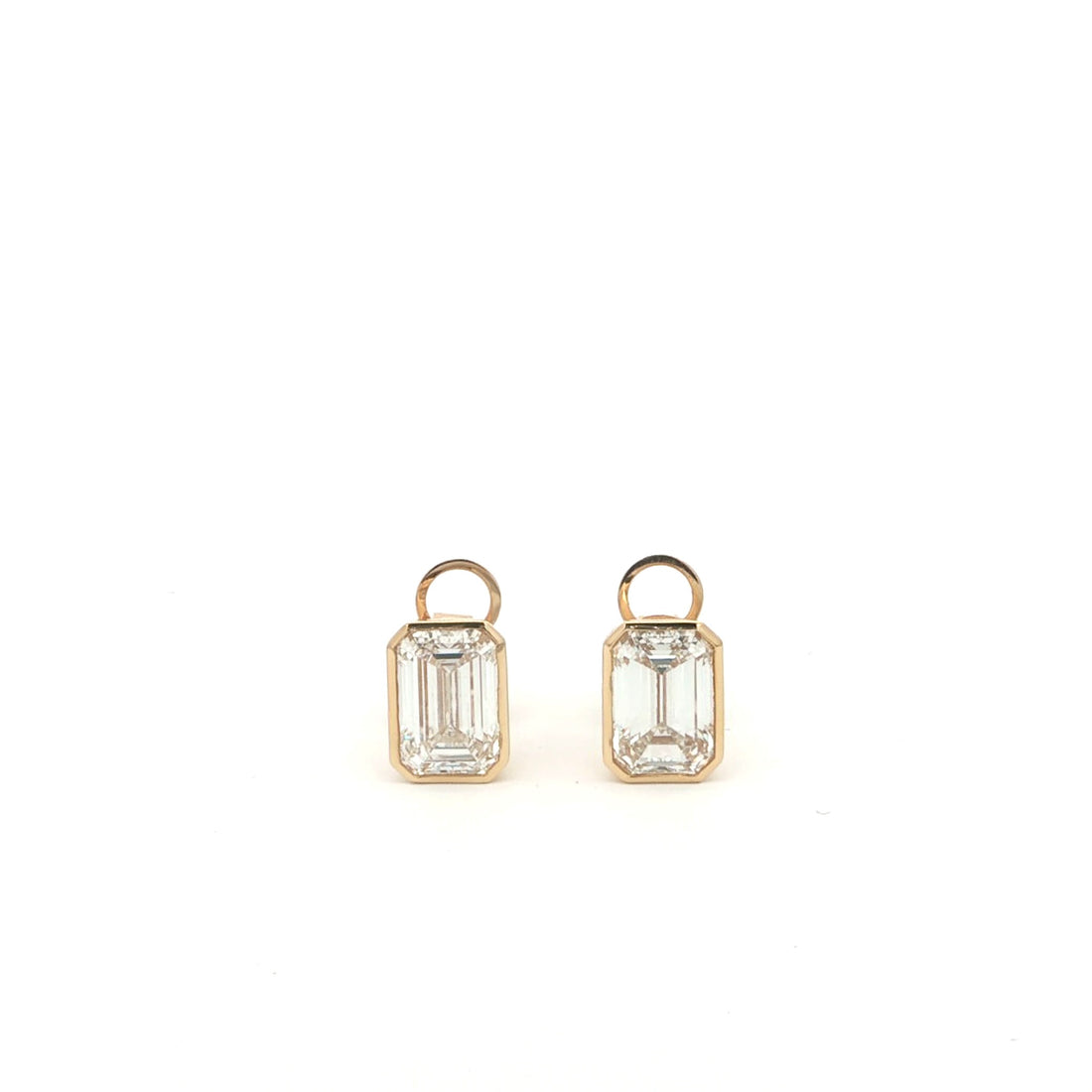 Emerald lab-grown diamond stud earrings in bezel set, 18K yellow gold