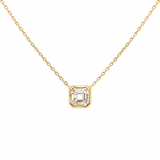 Lab-grown asscher diamond pendant necklace in 18k yellow gold, bezel set. Hong Kong Lab Grown Diamond Jewellery 