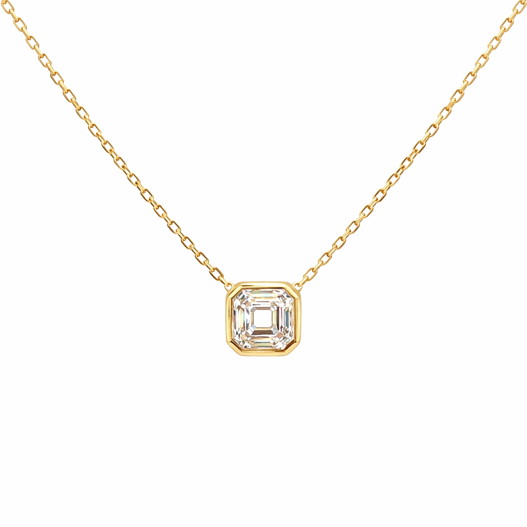 Lab-grown asscher diamond pendant necklace in 18k yellow gold, bezel set. Hong Kong Lab Grown Diamond Jewellery 
