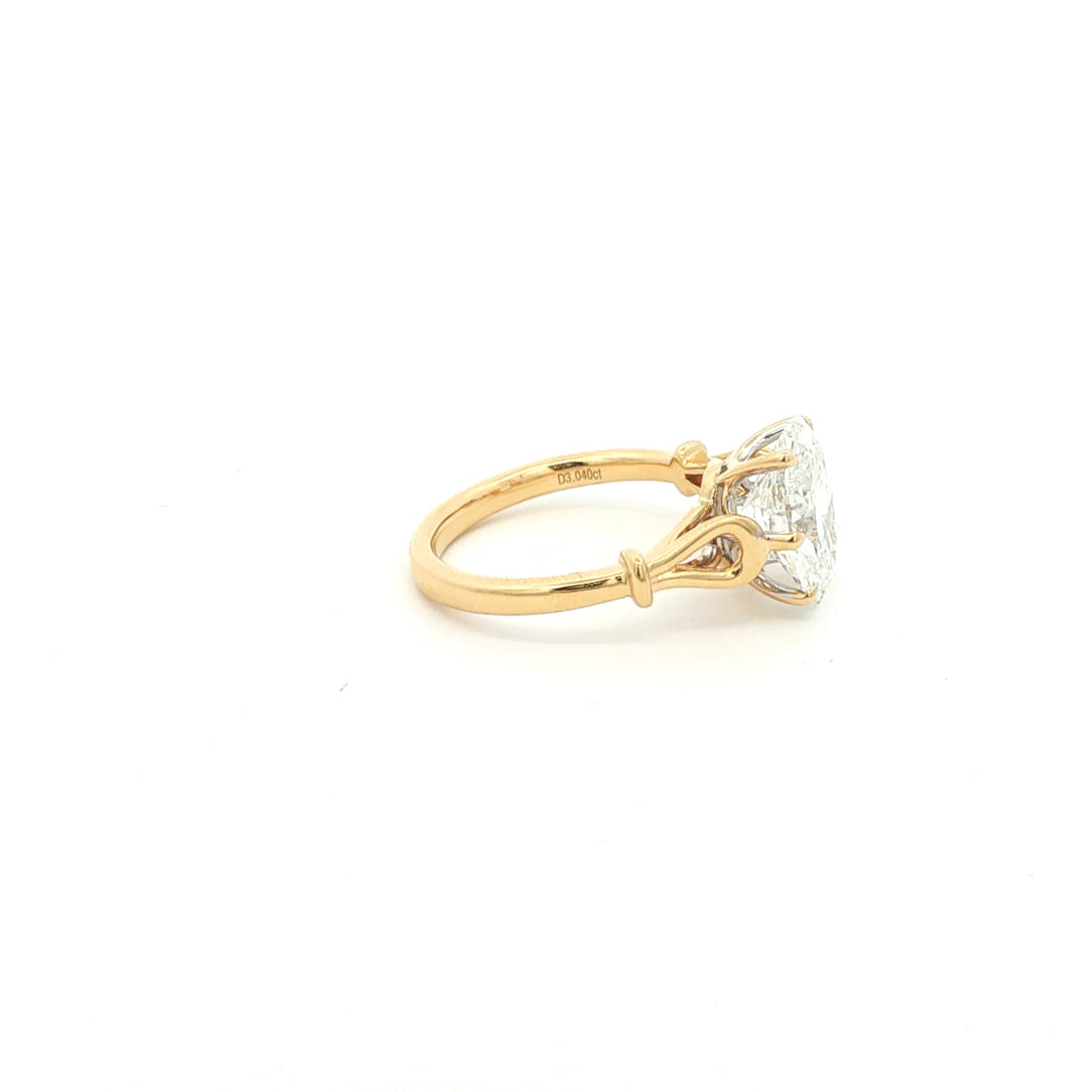 Oval solitaire lab-grown diamond ring in tapered cathedral setting, 18k yellow gold. 