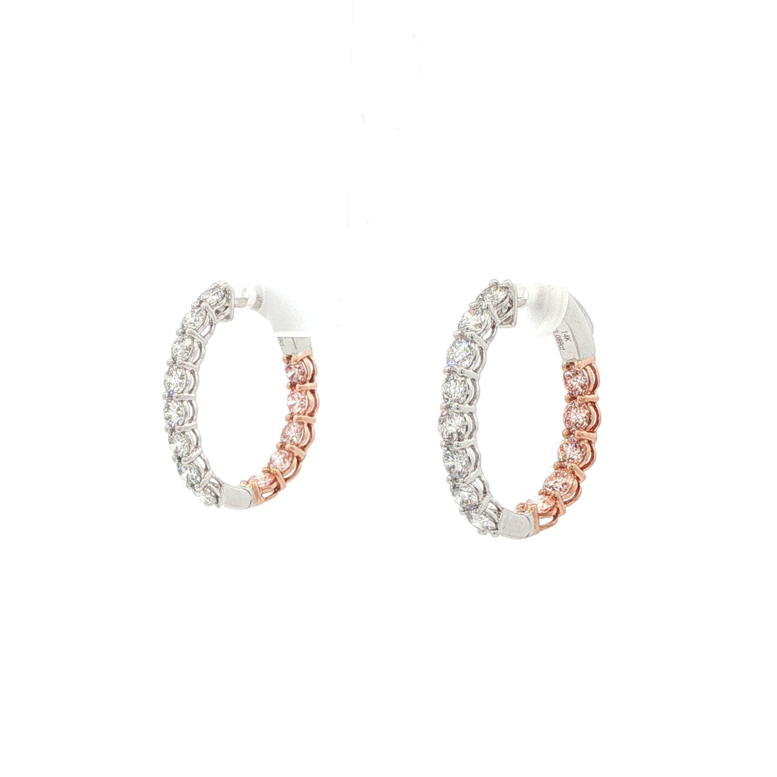 Pink and White diamond hoops - lab grown diamond. 14K Gold