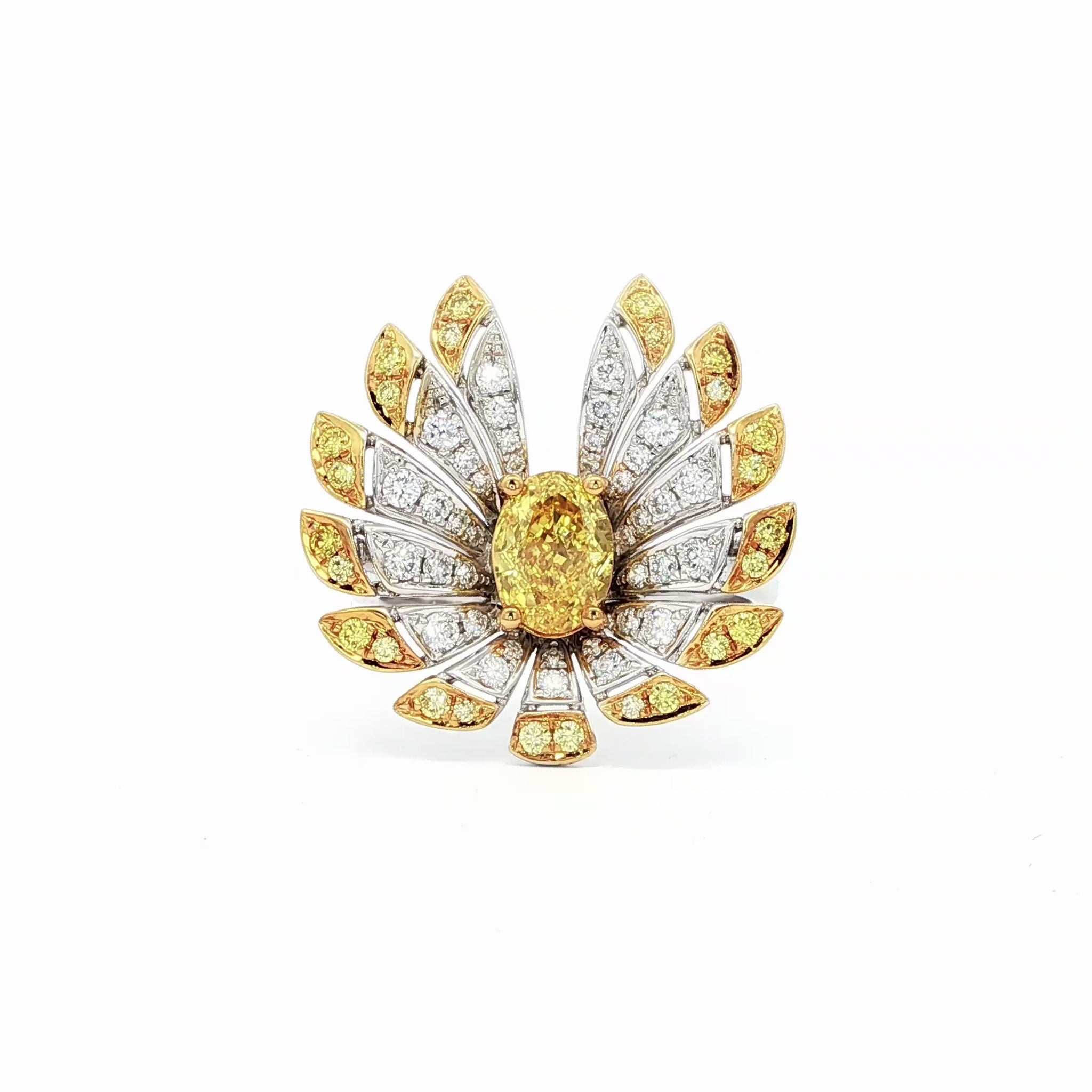 18K_Yellow_Gold_Lab_Grown_Diamond_Ring_Oval_Cut_Fancy_Statement_Cocktail_Evening 

This 18K Yellow Gold ring exudes luxury, showcasing a yellow oval-cut diamond centre with a delicate floral-inspired halo adorned with white and yellow diamonds. The meticulous craftsmanship makes it a standout piece, perfect for adding a touch of glamor to your look!