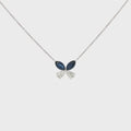 Lab-grown marquise pear diamond pendant necklace in 14k white gold, butterfly shape, duo-tone with sapphire