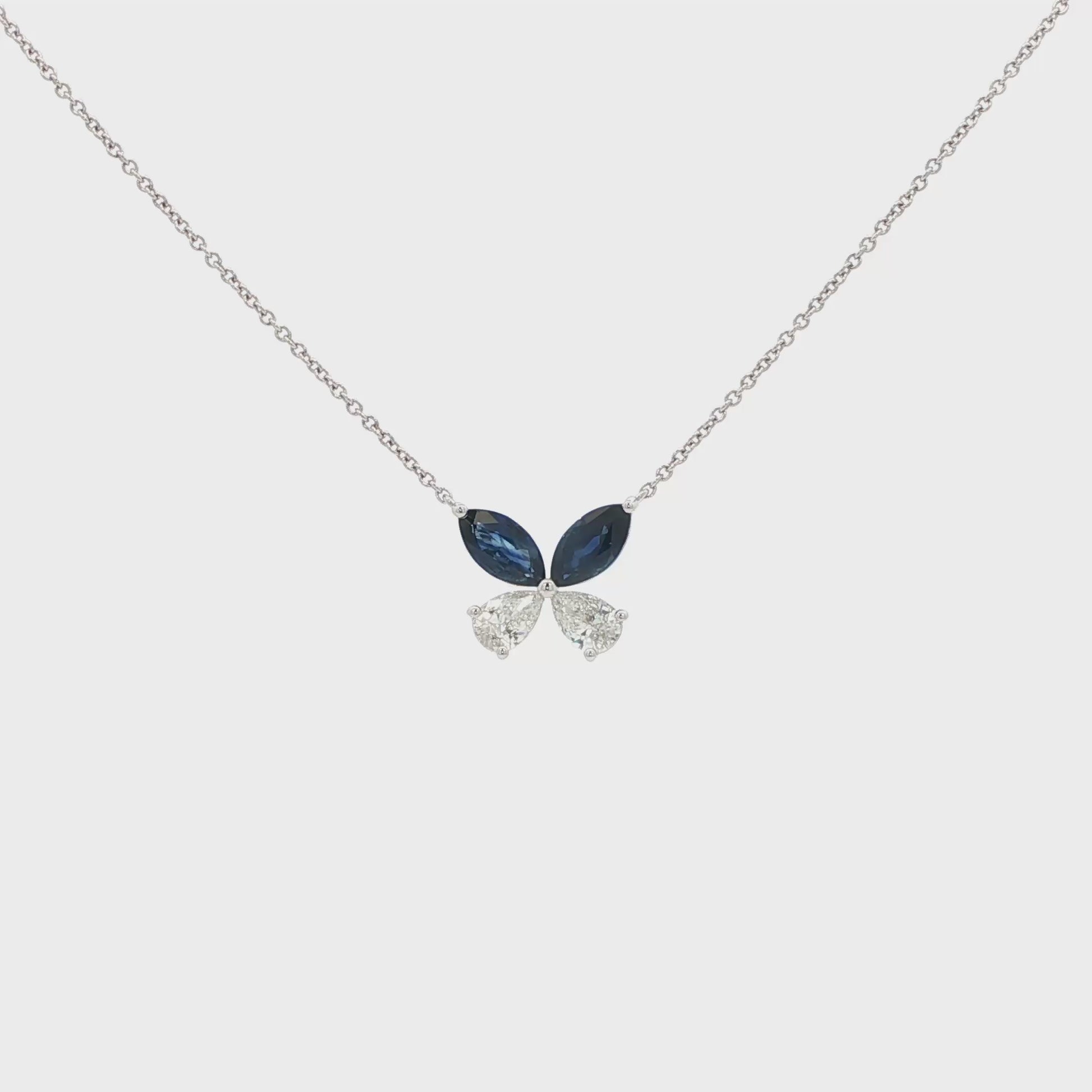 Lab-grown marquise pear diamond pendant necklace in 14k white gold, butterfly shape, duo-tone with sapphire