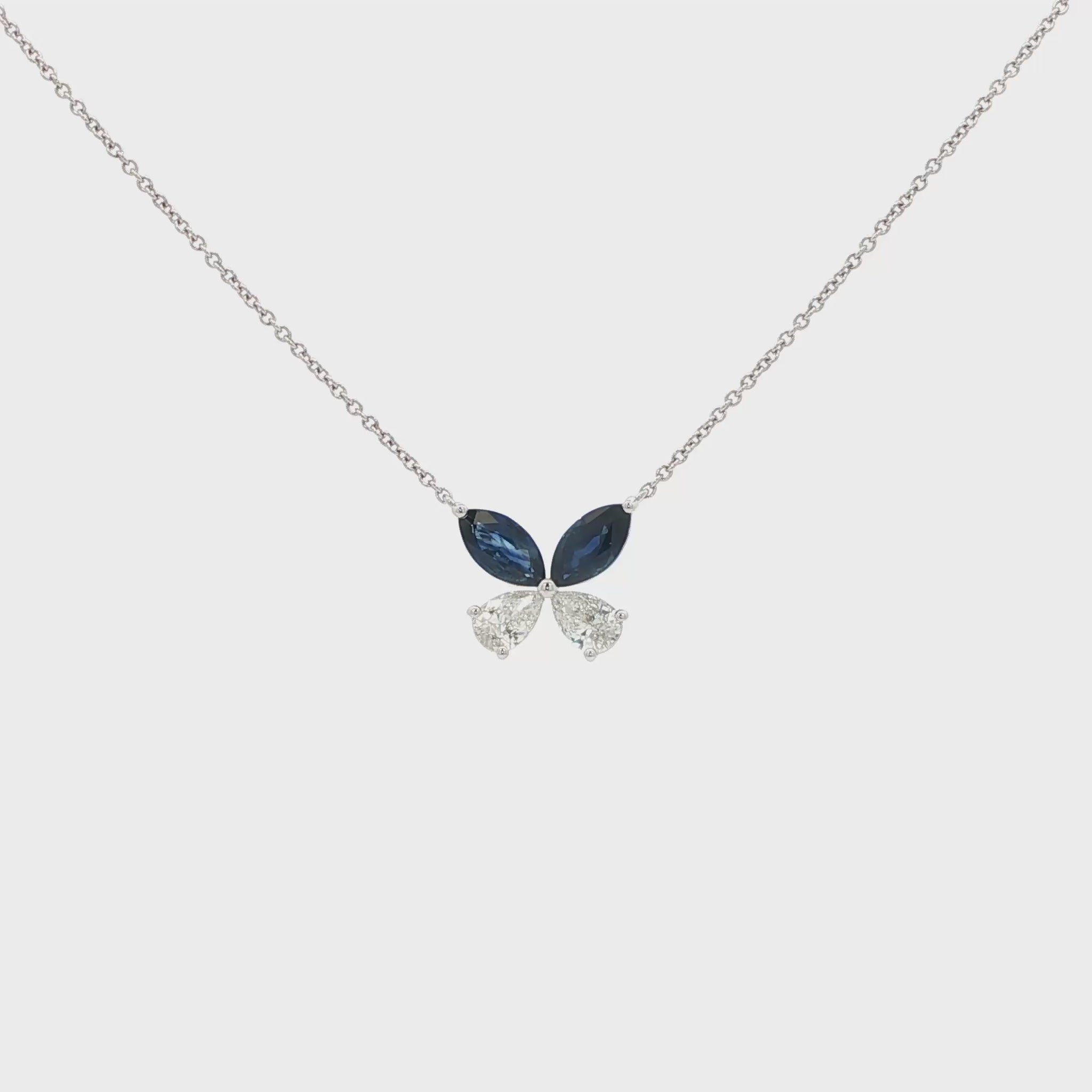 Lab-grown marquise pear diamond pendant necklace in 14k white gold, butterfly shape, duo-tone with sapphire